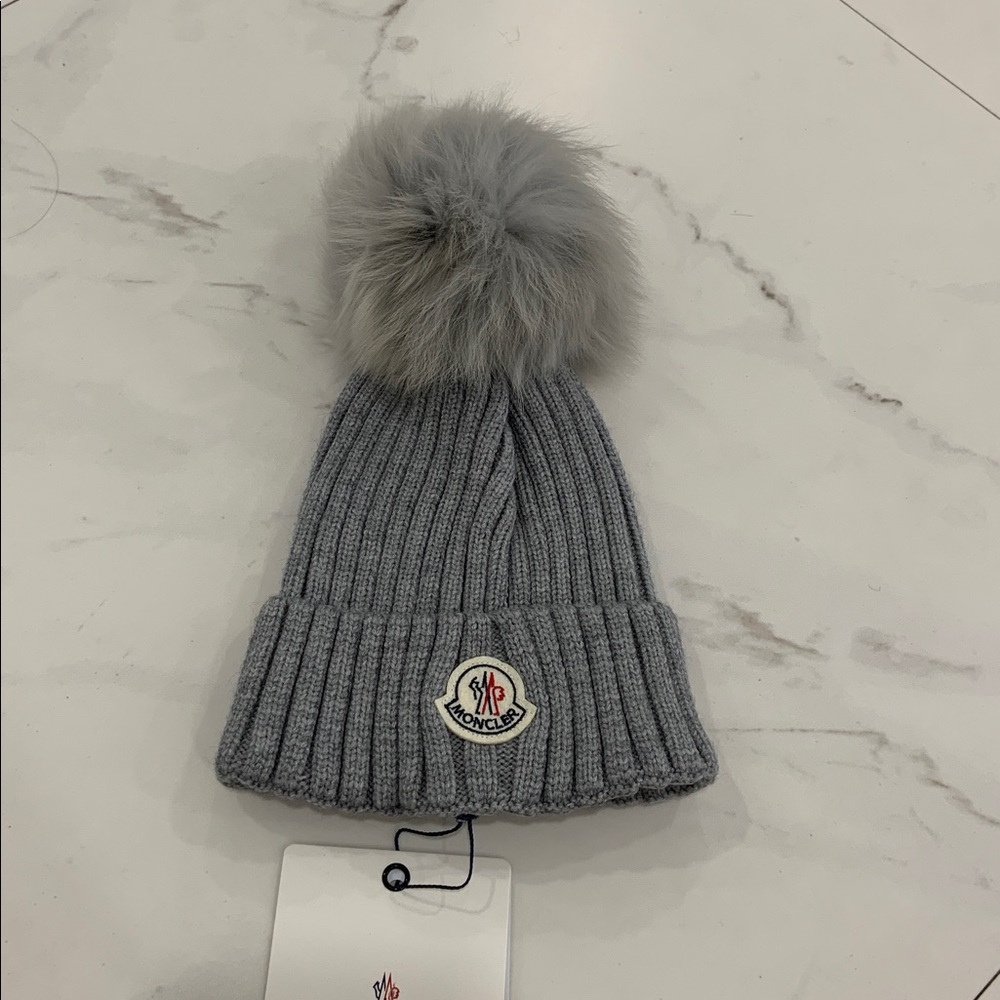 Moncler Grey Wool Beanie Hat Faux Fur Pom Pom (One Size)
